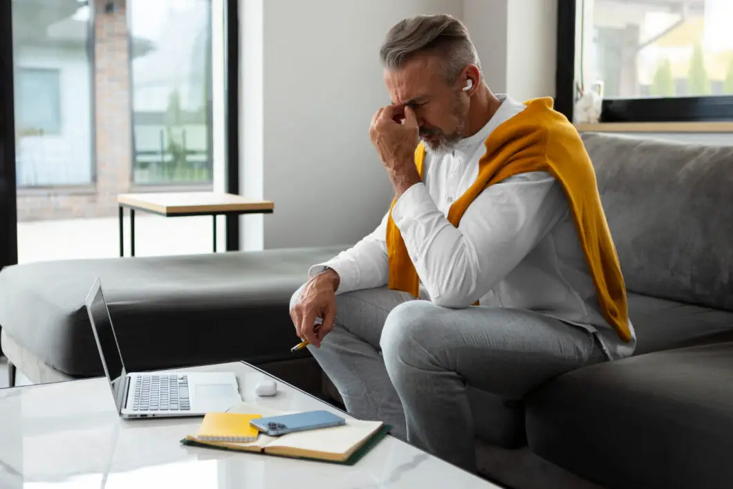 Dirigeant de TPE fatigué à son bureau après ses vacances